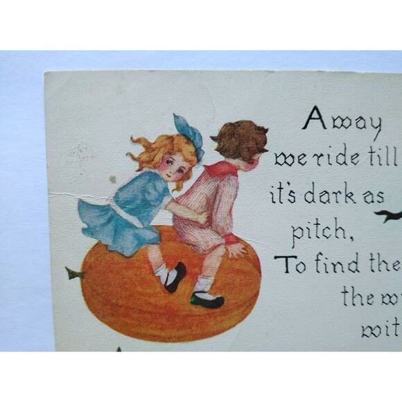 Vintage Halloween Postcard Kids Flying On Pumpkin Chases A Witch 857 FA Owen - Picture 4 of 4